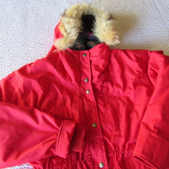 Woolrich Wool Jacket Coat M Vintage Red Fur Trim Hooded - Picture 1 of 16